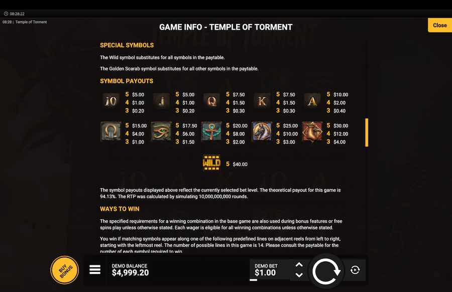Temple Of Torment Slot Paytable