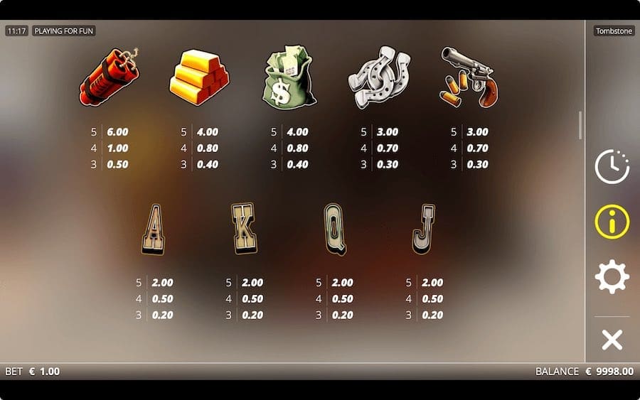 Paytable For Tombstone Slot