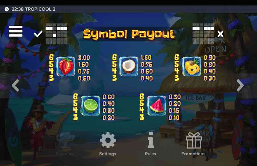 Tropicool 2 Slot Paytable