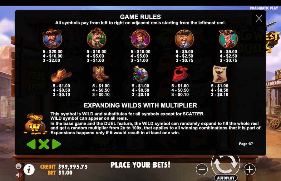 Wild West Duels Slot Paytable