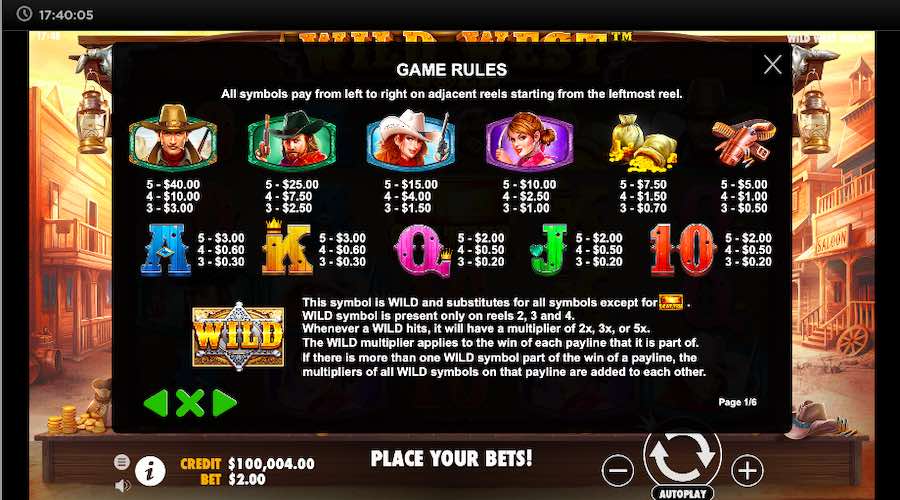 Wild West Gold Paytable