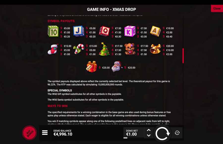 Xmas Drop Paytable